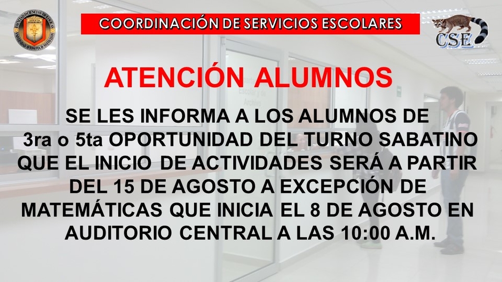 Alumnos en 3ra. y 5ta. oportunidad del turno sabatino