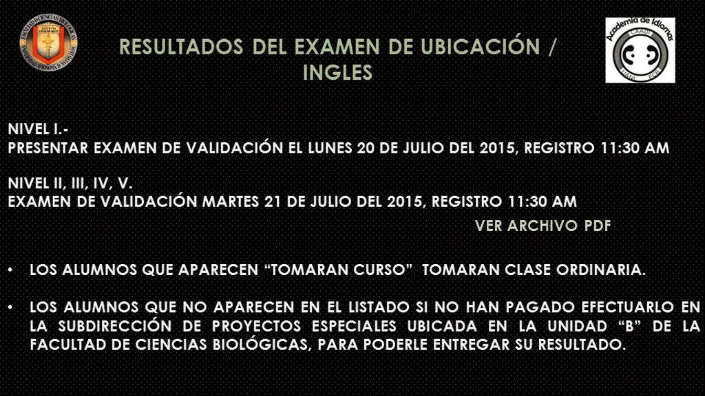 RESULTADOS DEL EXAMEN DE UBICACIÓN