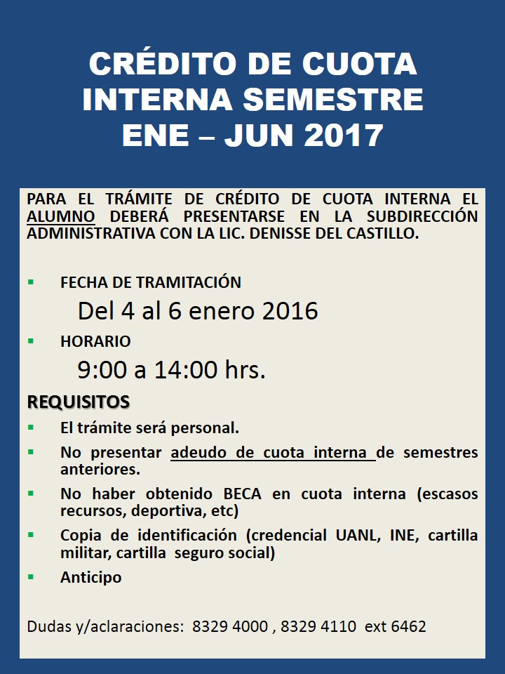 Información para el trámite de crédito de cuota interna semestre Ene-Jun 2017