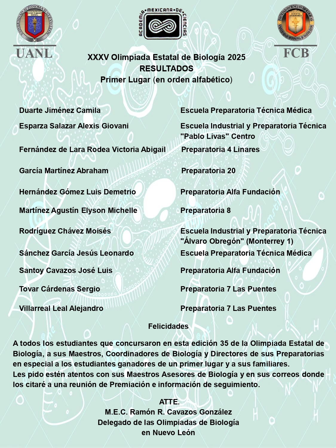 Resultados XXXV Olimpiada Estatal de Biología 2025